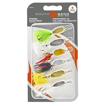 South Bend Fishing Lunker Lite Spinner Assortment Kit 6 Spinners WDressed Hooks SBSPIN